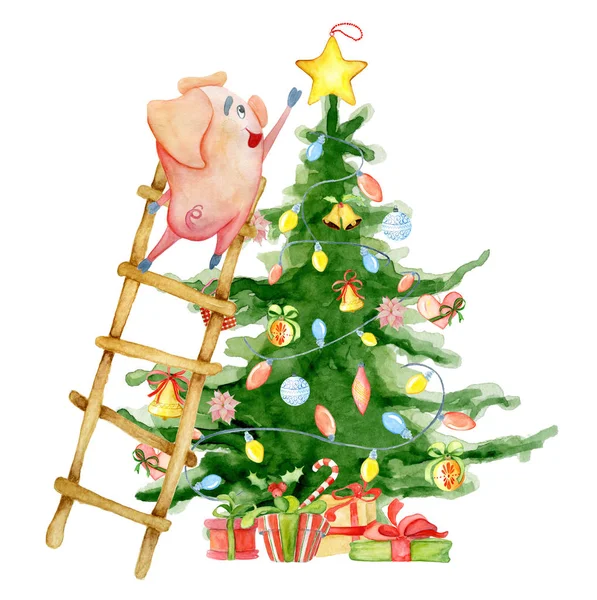 Sevimli domuzcuk süslemeleri Noel ağacı suluboya resim
