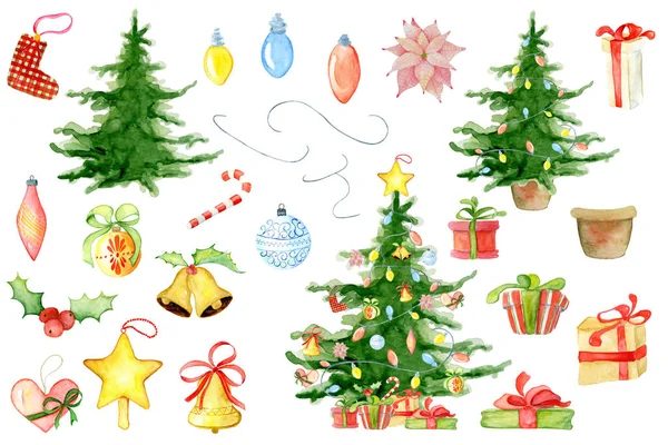 Neşeli Noel suluboya çiçek kış öğeleri. Mutlu yeni yıl kartı, posterler. Çiçekler, çam ağacı, hediyeler ve oyuncaklar, çam dalları ve ökseotu şube