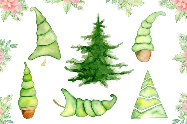 Feliz Natal aquarela árvores coleção Feliz Ano Novo cartão, cartazes . — Fotografia de Stock