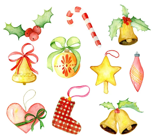 Feliz Natal aquarela decoração elementos de inverno. Cartão de Ano Novo feliz, cartazes. presentes e brinquedos — Fotografia de Stock