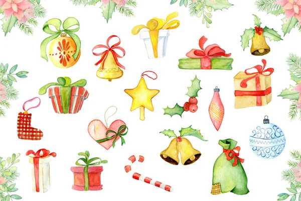Vidám karácsony akvarell dekor téli elemek. Boldog új évet kártya, plakátok. ajándék és toys — Stock Fotó