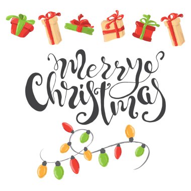 Neşeli Noel kartı hediye kutuları ve çelenk