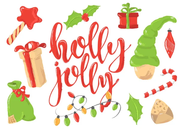 Kerstgroet instellen met decoratieve winter elementen - garland, pijnboom, de doos van de gift, belettering offerte Holly Jolly op witte achtergrond — Stockvector