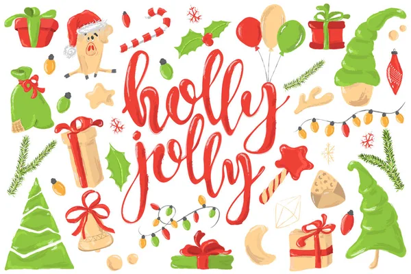 Vánoční pozdrav s dekorativní zimní prvky - věnec, borovice, dárkové krabičky, nápisy nabídku Holly Jolly na bílém pozadí — Stockový vektor