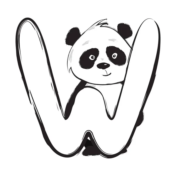 Panda oso lindo animal inglés alfabeto letra W con ilustraciones de dibujos animados bebé — Vector de stock