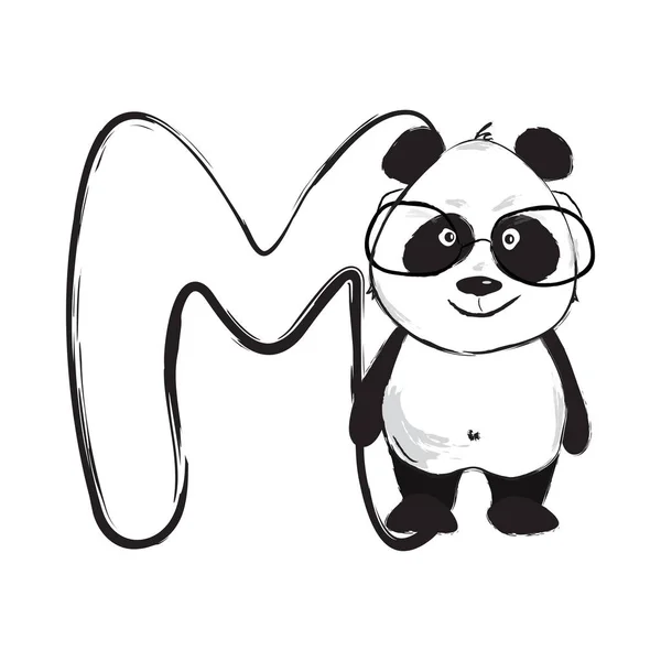 Панда ведмідь мила тварина англійська літера M з мультяшними дитячими ілюстраціями — стоковий вектор
