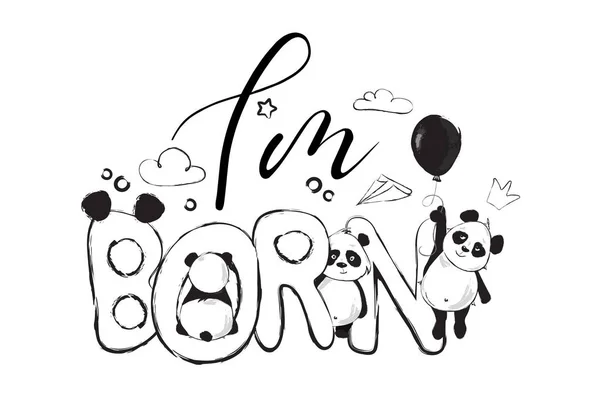 Én született üdvözlőlap tervezés aranyos panda medve — Stock Vector