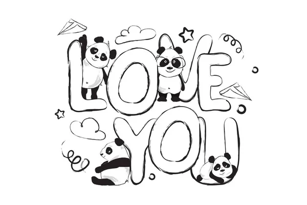 Szeretlek, üdvözlőlap tervezés aranyos panda medve és idézet — Stock Vector
