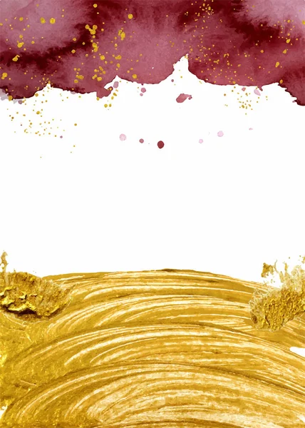Acuarela fondo abstracto, acuarela dibujada a mano color burdeos y textura dorada — Vector de stock