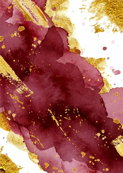 Akvarell abstrakt bakgrund, handritad akvarell vinrött och guld textur — Stock vektor