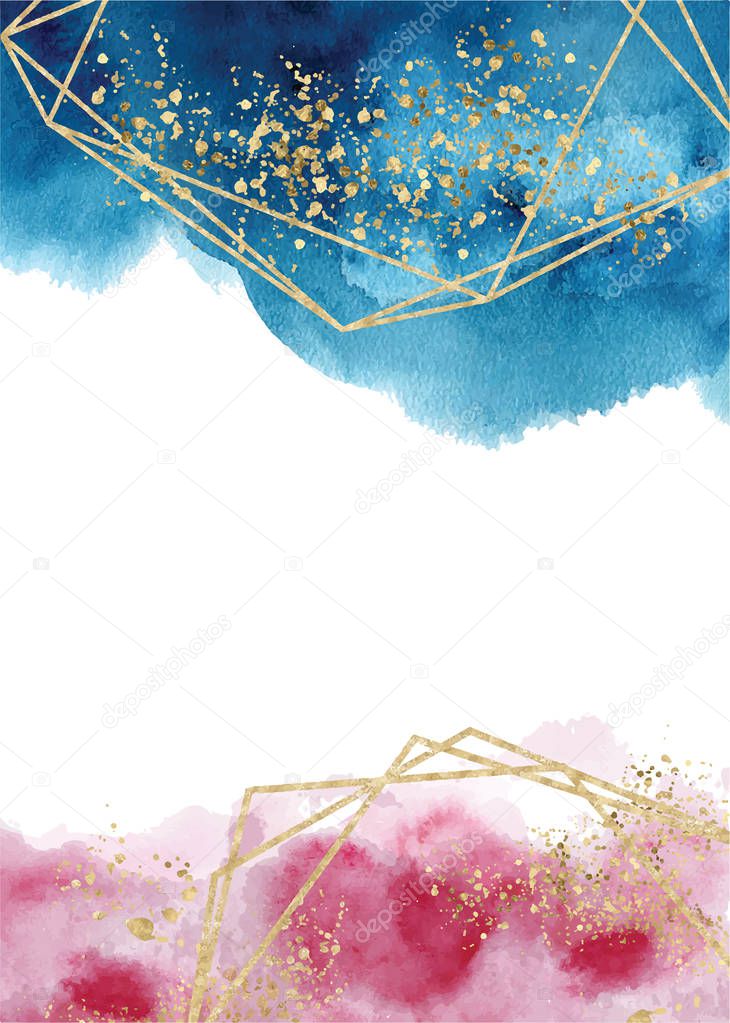 Watercolor abstract aquamarine, background, watercolour blue, pink and gold texture Vector illustration