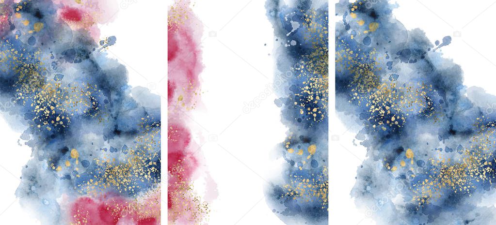 Watercolor abstract aquamarine, background, watercolour blue, pink and gold texture Vector illustration