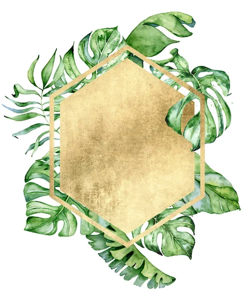 Aquarelle tropicale laisse bannière sur fond blanc. Motifs floraux exotiques. Illustration dessinée main — Photo