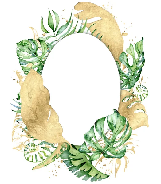 Tropical watercolor leaves banner on white background. Exotic floral designs. Hand drawn illustration
