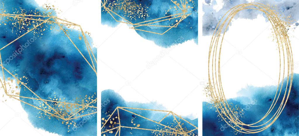 Watercolor abstract aquamarine, background, watercolour blue and gold texture Vector illustration