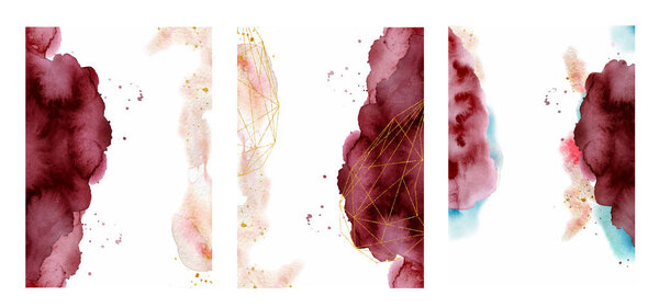 Watercolor abstract background, hand drawn watercolour burgundy and gold texture