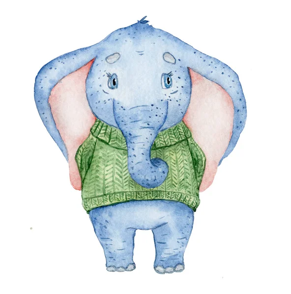 Akvarell aranyos elefánt zöld kötött pulóver állat illusztráció — Stock Fotó