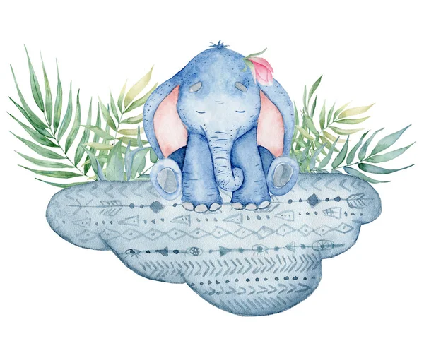 Aquarelle éléphant mignon assis sur le nuage illustration animale — Photo