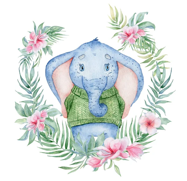 Aquarell niedlicher Elefant in grünem Strickpullover mit Blumenstrauß Animal Illustration — Stockfoto