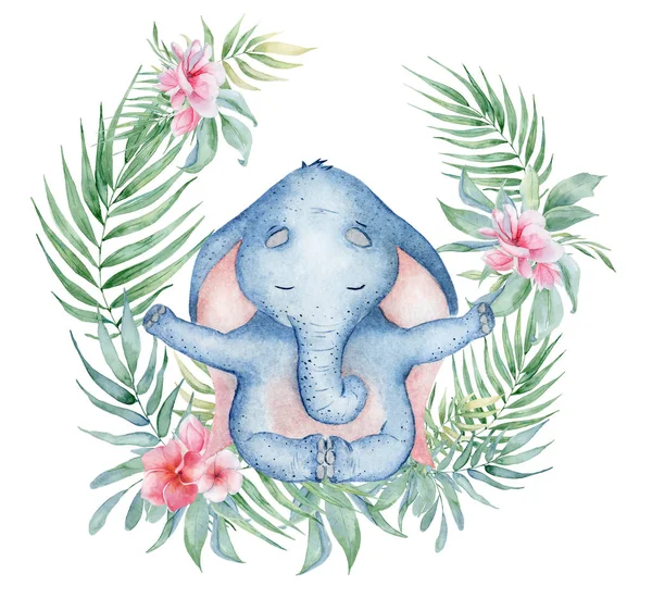 꽃 귀여운 손으로 그린 그림과 연꽃 위치에 수채화 요가 코끼리 — 스톡 사진