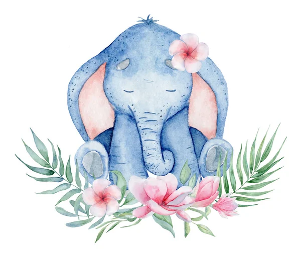 Akvarell aranyos elefánt virág dekoráció állat illusztráció — Stock Fotó