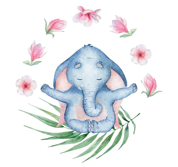 Акварель йоги слон в положении лотоса с цветами милый ручной рисунок иллюстрации — стоковое фото