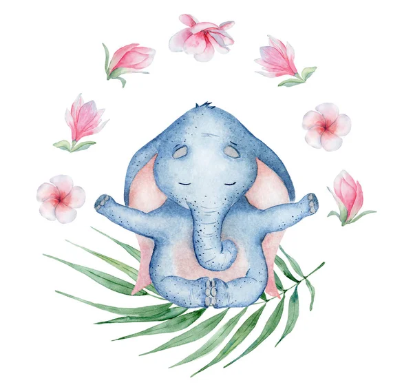 Aquarell Yoga Elefant in Lotusposition mit Blumen niedliche handgezeichnete Illustration — Stockfoto