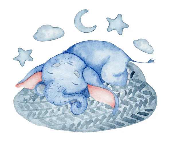 Aquarell niedlicher Elefant, der auf der Wolke schläft Animal Illustration — Stockfoto