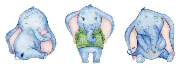 水彩设置与可爱的大象动物插图 — 图库照片