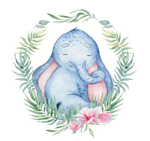 Aquarell niedlicher Elefant mit floralem Dekor Animal Illustration — Stockfoto