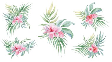 Tropikal suluboya çiçekleri ve yaprakları. Egzotik çelenk beyaz arka plan üzerinde izole. 