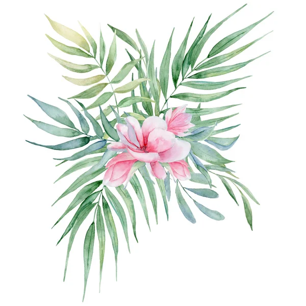 Tropikal suluboya çiçekleri ve yaprakları. Egzotik çelenk beyaz arka plan üzerinde izole. — Stok fotoğraf