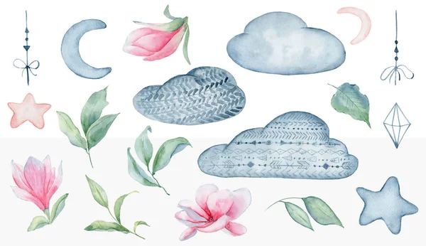 Magnolia fleurs et nuages mis aquarelle illustration — Photo