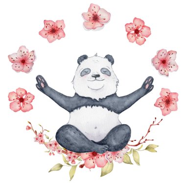 Panda ayı sakura çelenk ile lotus pozisyonda oturan, Sevimli yoga hayvan illüstrasyon