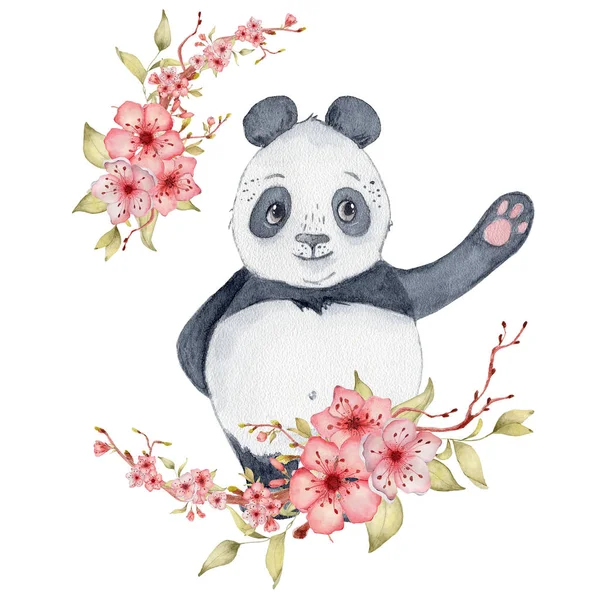 Acuarela oso panda ilustración con flores sakura decoración Lindo animal — Foto de Stock