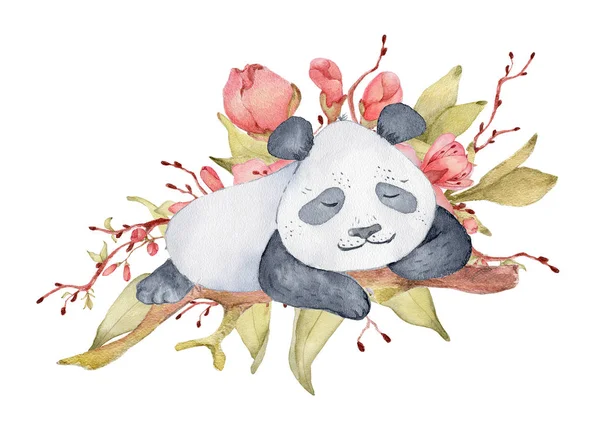 Watercolor panda bear illustration with sakura flowers decor Cute animal