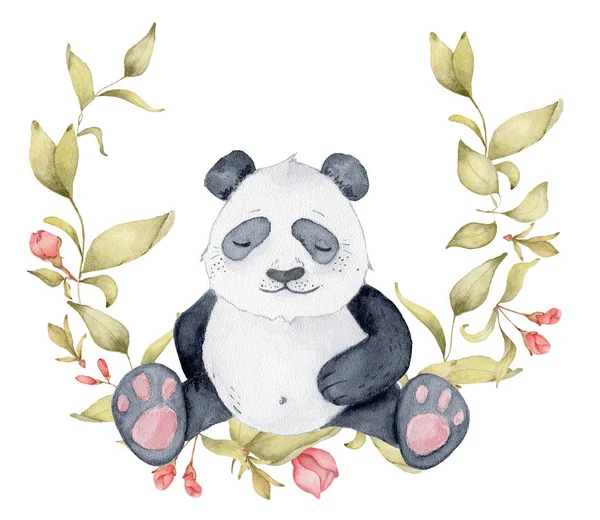 Acuarela oso panda ilustración con flores sakura decoración Lindo animal — Foto de Stock