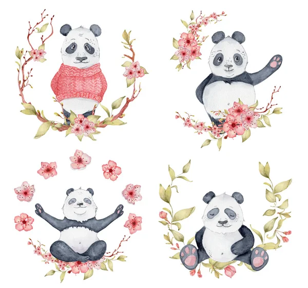 Panda osos en coronas de sakura, animales lindos conjunto ilustración — Foto de Stock