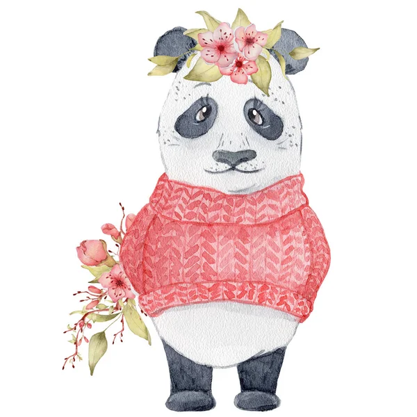 Aquarell Pandabär Illustration mit Sakura Blumen Dekor niedliches Tier — Stockfoto