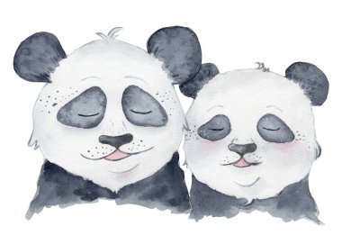Sevimli Panda aşk karikatür suluboya illüstrasyon hayvan çift ayılar