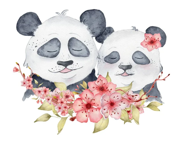 Акварель панды медведи в любви иллюстрации с сакурой цветы декор милые животные — стоковое фото