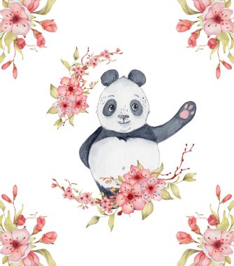 Suluboya panda ayı kartı illüstrasyon sakura çiçek dekor Sevimli hayvan