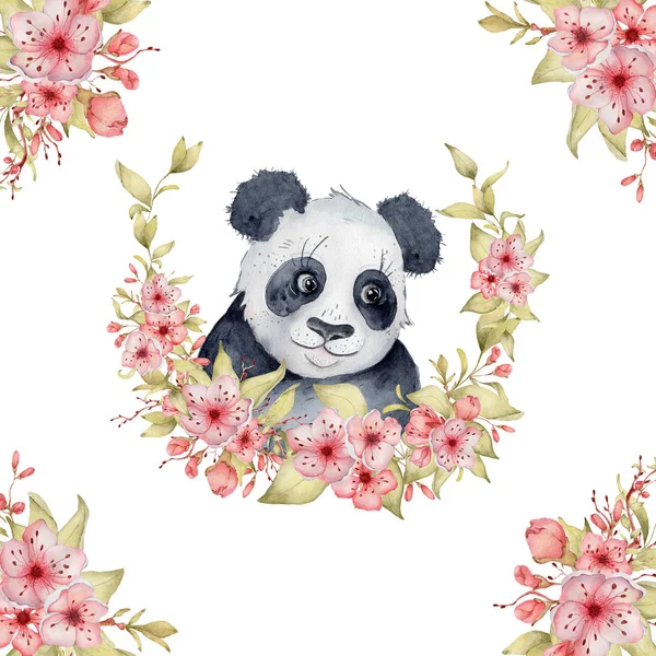 Watercolor panda bear card illustration with sakura flowers decor Cute animal