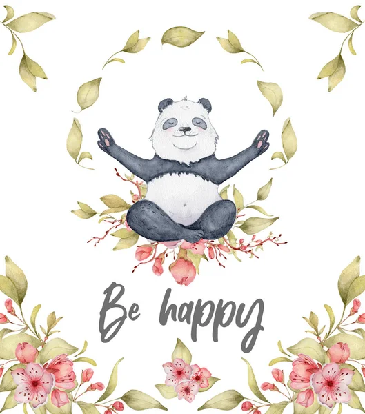 Akvarell panda medve kártya illusztráció Sakura virágok dekor aranyos állat — Stock Fotó