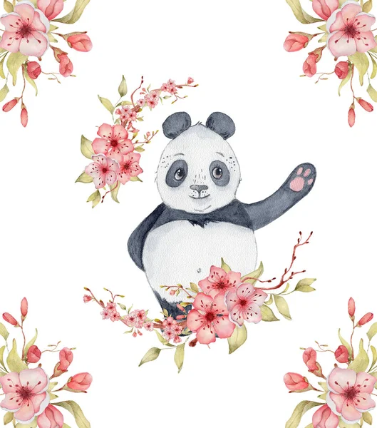 Acuarela panda oso tarjeta ilustración con flores decoración sakura Lindo animal — Foto de Stock