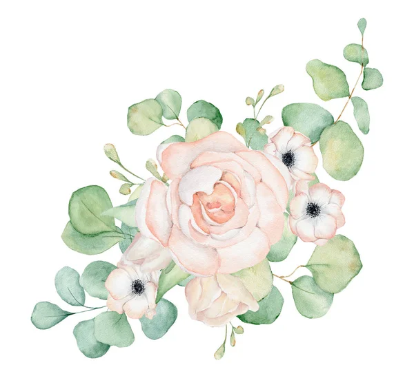 Anemone en Rose bloemen en eucalyptus verlaat aquarel boeket illustratie — Stockfoto