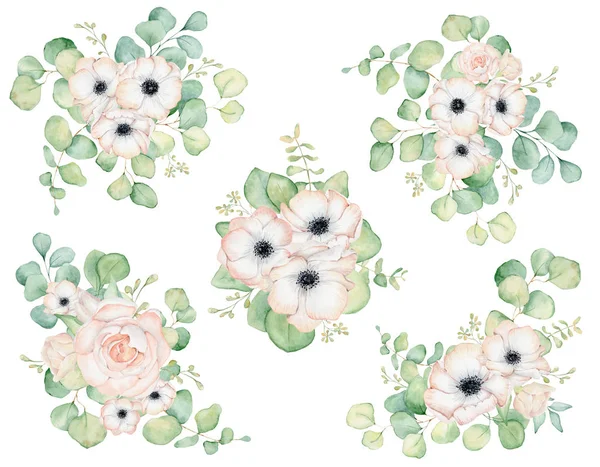 Anemon och rosa blommor och eukalyptus blad akvarell bukett illustration — Stockfoto