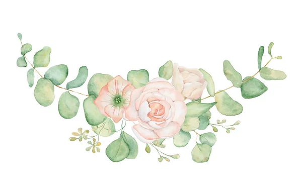 Pink Rózsa virágok és eukaliptusz levelek akvarell csokor illusztráció — Stock Fotó