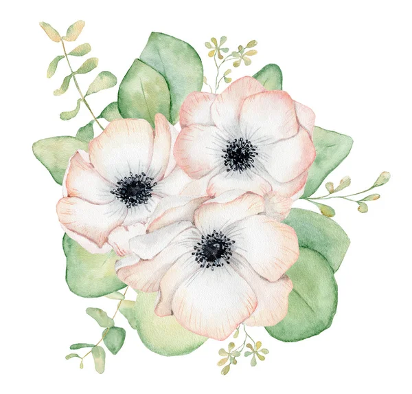 Anemone flowers and eucalyptus leaves watercolor bouquet illustration — Stock Photo, Image