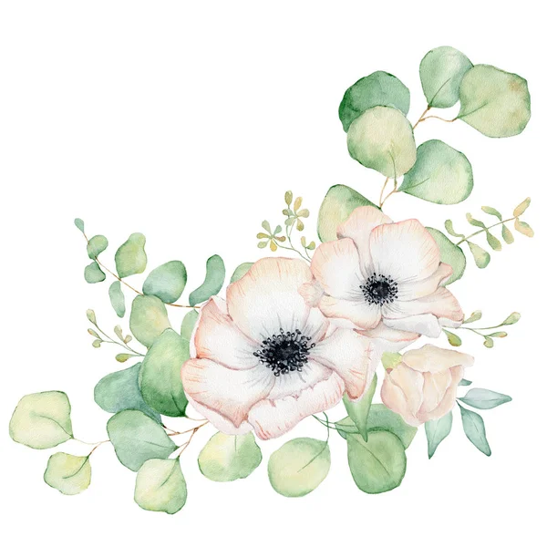 Anemone flowers and eucalyptus leaves watercolor bouquet illustration — Stock Photo, Image